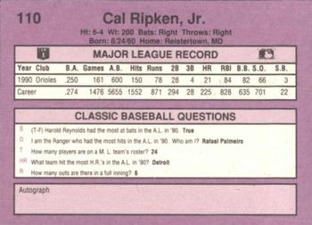 1991 Classic #110 Cal Ripken, Jr. Back