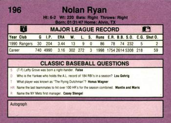 1991 Classic #196 Nolan Ryan Back