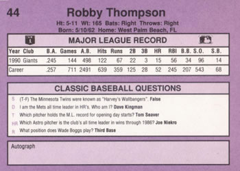 1991 Classic #44 Robby Thompson Back