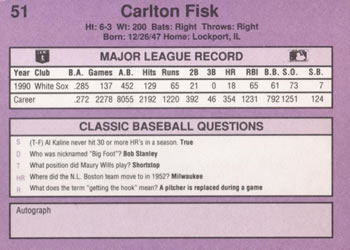 1991 Classic #51 Carlton Fisk Back