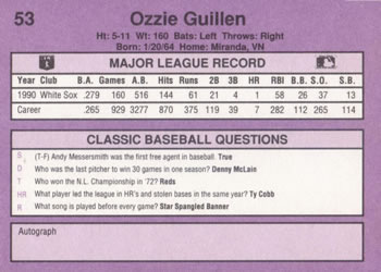 1991 Classic #53 Ozzie Guillen Back