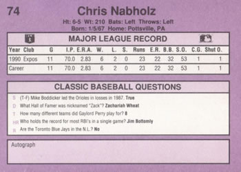 1991 Classic #74 Chris Nabholz Back