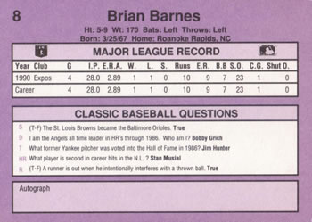 1991 Classic #8 Brian Barnes Back