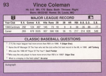 1991 Classic #93 Vince Coleman Back