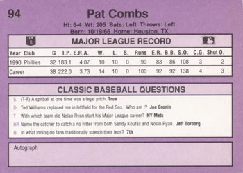 1991 Classic #94 Pat Combs Back