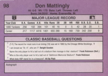 1991 Classic #98 Don Mattingly Back