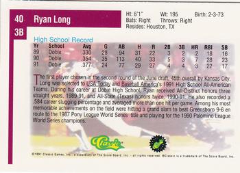 1991 Classic Draft Picks #40 Ryan Long Back