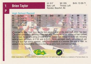 1991 Classic Draft Picks #1 Brien Taylor Back