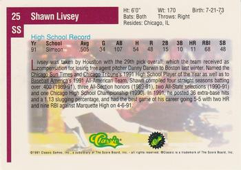 1991 Classic Draft Picks #25 Shawn Livsey Back