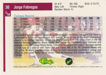 1991 Classic Draft Picks #30 Jorge Fabregas Back