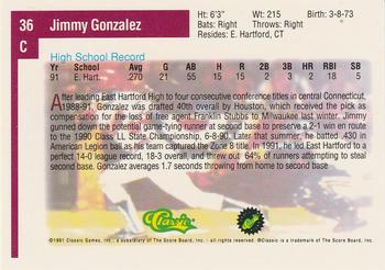 1991 Classic Draft Picks #36 Jimmy Gonzalez Back