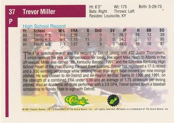 1991 Classic Draft Picks #37 Trever Miller Back
