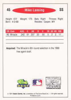 1991 Classic Best #45 Mike Lansing Back