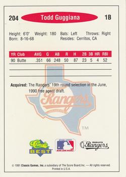 1991 Classic Best #204 Todd Guggiana Back