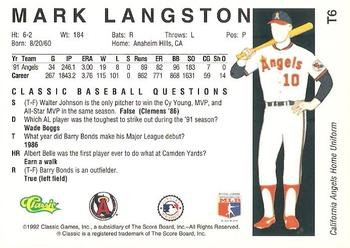 1992 Classic II #T6 Mark Langston Back