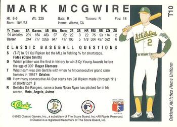 1992 Classic II #T10 Mark McGwire Back
