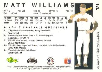 1992 Classic II #T31 Matt Williams Back