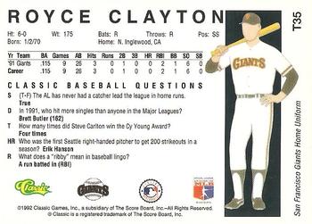 1992 Classic II #T35 Royce Clayton Back