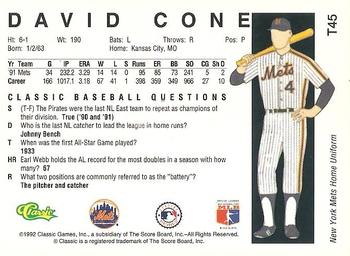 1992 Classic II #T45 David Cone Back