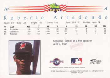 1992 Classic Best #10 Roberto Arredondo Back