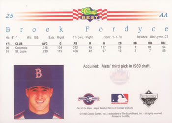 1992 Classic Best #25 Brook Fordyce Back