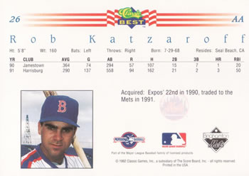 1992 Classic Best #26 Rob Katzaroff Back