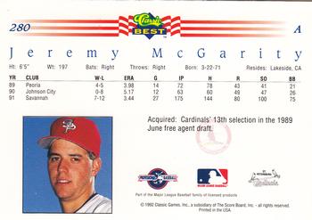 1992 Classic Best #280 Jeremy McGarity Back