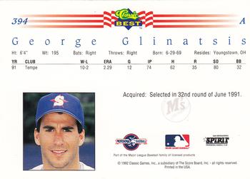 1992 Classic Best #394 George Glinatsis Back