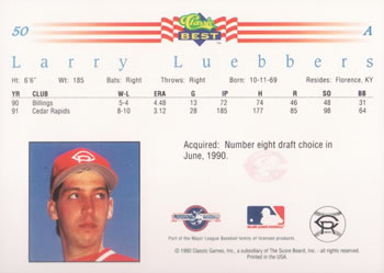 1992 Classic Best #50 Larry Luebbers Back