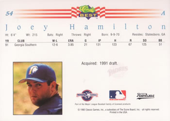 1992 Classic Best #54 Joey Hamilton Back