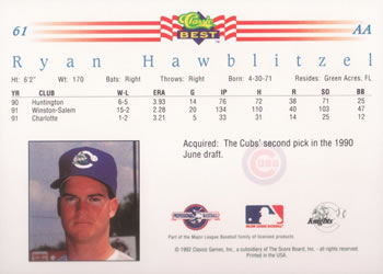 1992 Classic Best #61 Ryan Hawblitzel Back