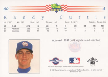 1992 Classic Best #80 Randy Curtis Back