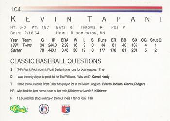 1992 Classic #104 Kevin Tapani Back