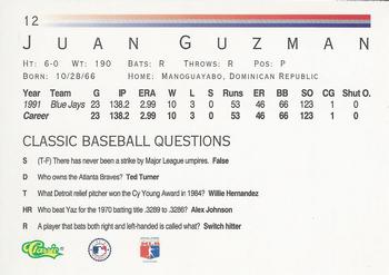 1992 Classic #12 Juan Guzman Back