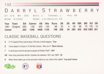 1992 Classic #132 Darryl Strawberry Back