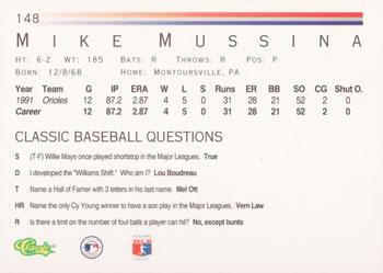 1992 Classic #148 Mike Mussina Back