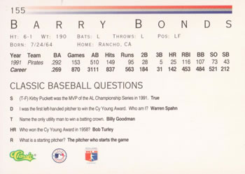 1992 Classic #155 Barry Bonds Back