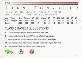 1992 Classic #158 Juan Gonzalez Back