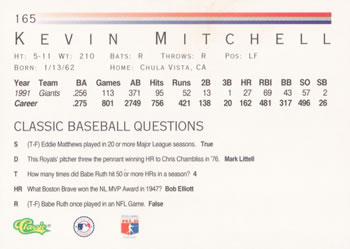 1992 Classic #165 Kevin Mitchell Back