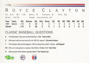 1992 Classic #179 Royce Clayton Back