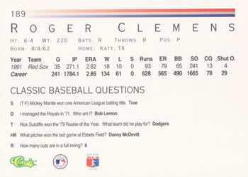 1992 Classic #189 Roger Clemens Back