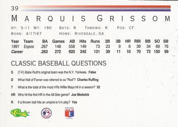 1992 Classic #39 Marquis Grissom Back