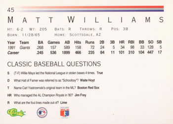 1992 Classic #45 Matt Williams Back