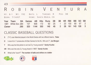 1992 Classic #49 Robin Ventura Back