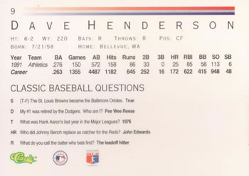 1992 Classic #9 Dave Henderson Back