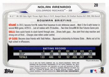 2014 Bowman #20 Nolan Arenado Back
