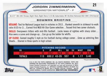 2014 Bowman #21 Jordan Zimmermann Back