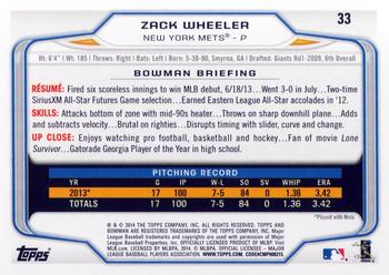 2014 Bowman #33 Zack Wheeler Back