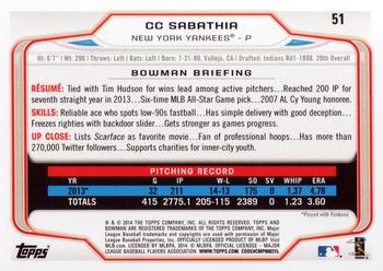 2014 Bowman #51 CC Sabathia Back