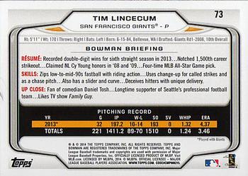 2014 Bowman #73 Tim Lincecum Back